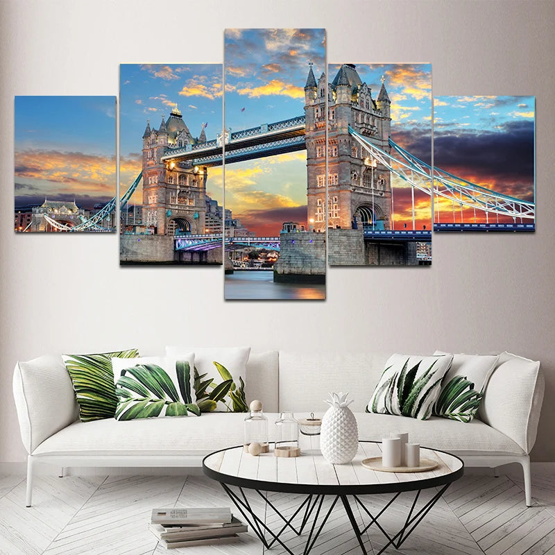 Enhance Your Space with 5 Pieces London Bridge Sunset Canvas Painting