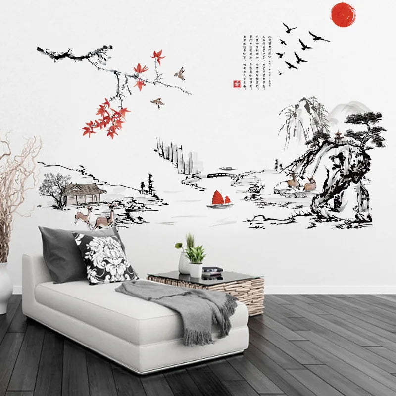 Elevate Your Space with Chinese Style Ink Painting Landscape Art Wall Stickers