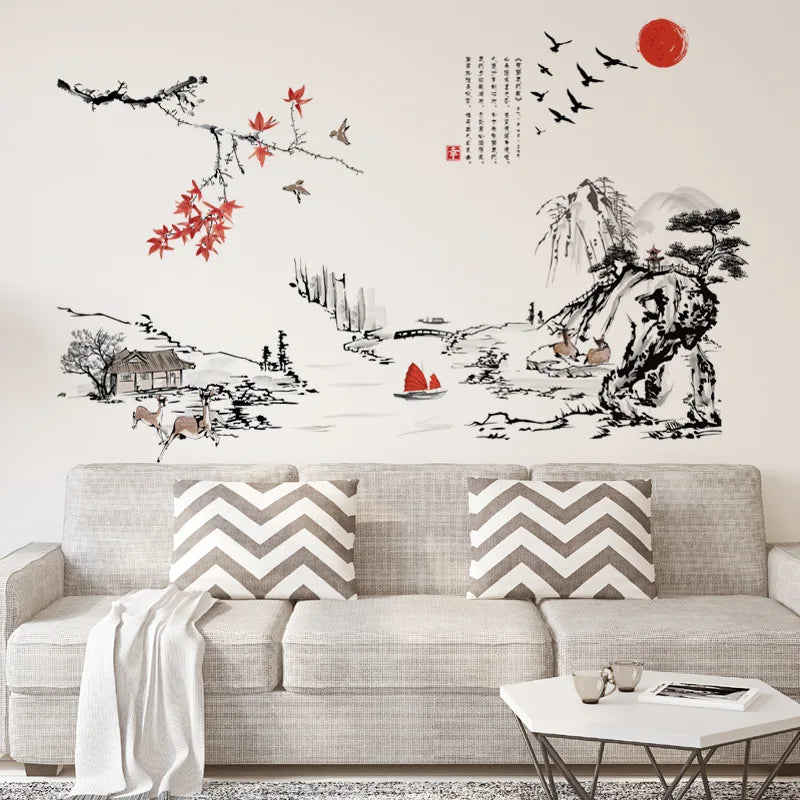 Elevate Your Space with Chinese Style Ink Painting Landscape Art Wall Stickers