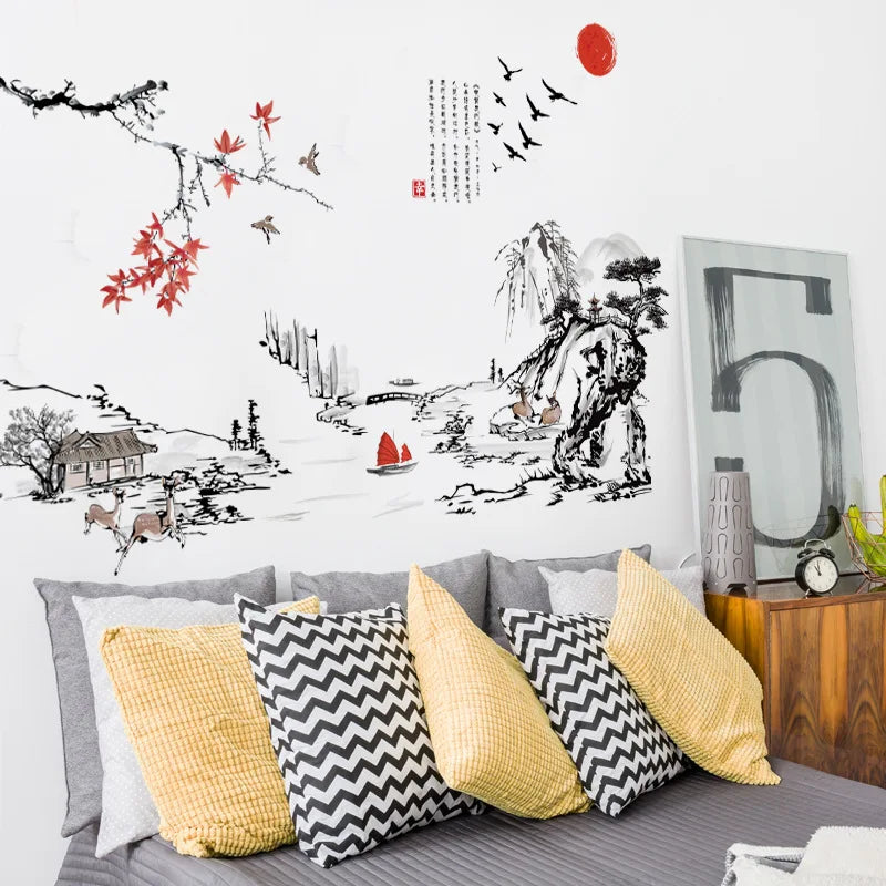 Elevate Your Space with Chinese Style Ink Painting Landscape Art Wall Stickers