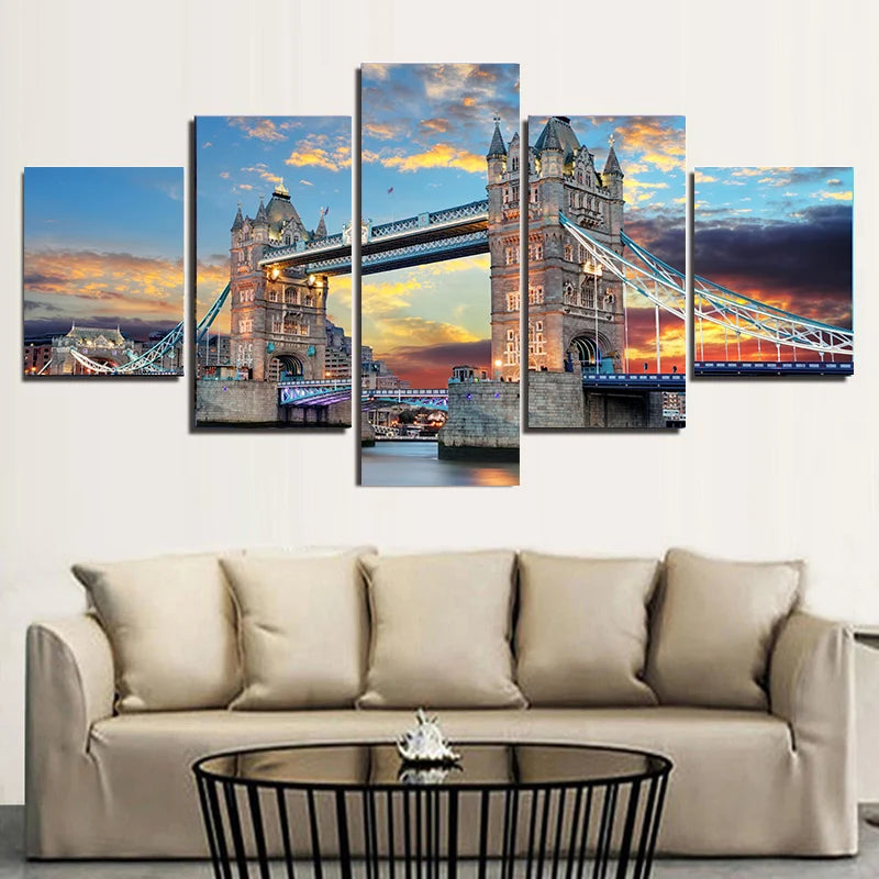 Enhance Your Space with 5 Pieces London Bridge Sunset Canvas Painting