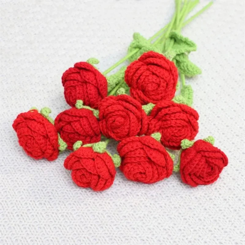 Artificial Flower without Vase, 9 Counts Creative DIY Handwoven Knitted Faux Rose Flowers Bouquet, Decorative Flower for Home De