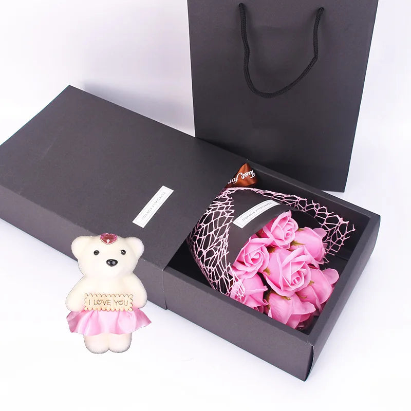 Delight in the 7 Heads Artificial Rose Bouquet with Little Bear Gift Box