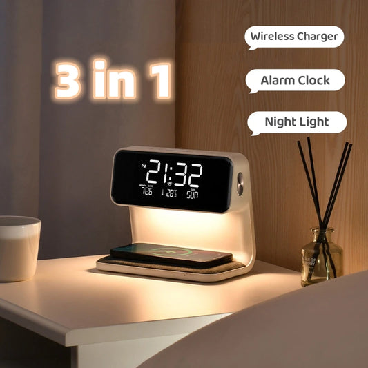 3-in-1 Bedside Lamp with Wireless Charger & LCD Alarm Clock