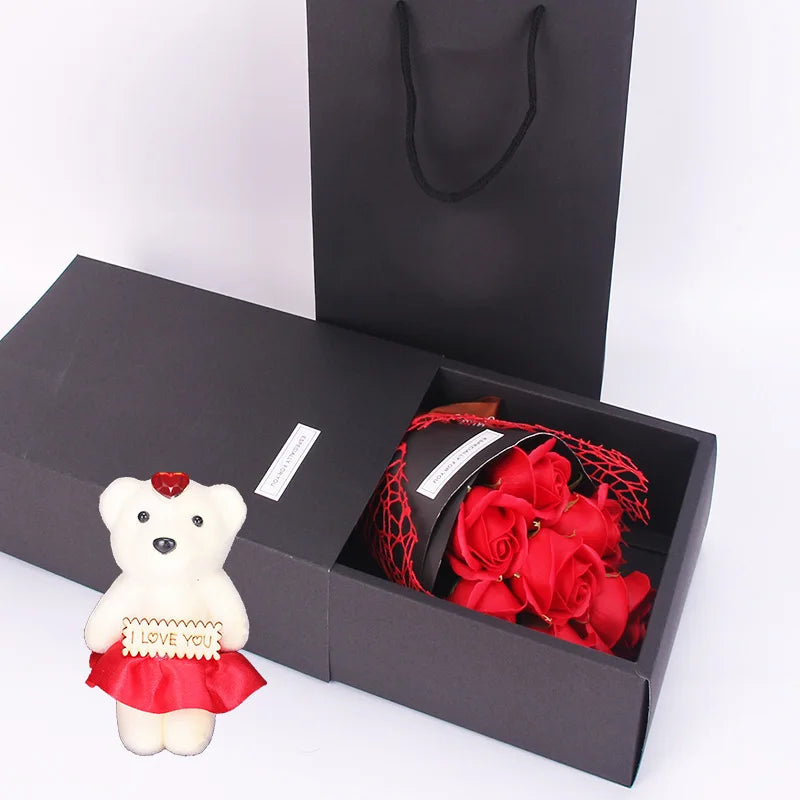 Delight in the 7 Heads Artificial Rose Bouquet with Little Bear Gift Box