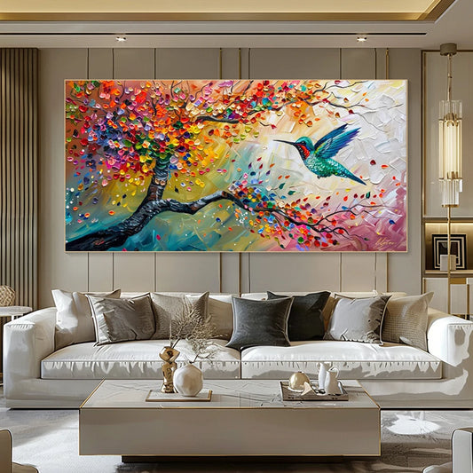 Abstract Colorful Graffiti Tree Hummingbird Landscape Canvas Painting Wall Art Impressionism Poster Print Living Room Home Decor