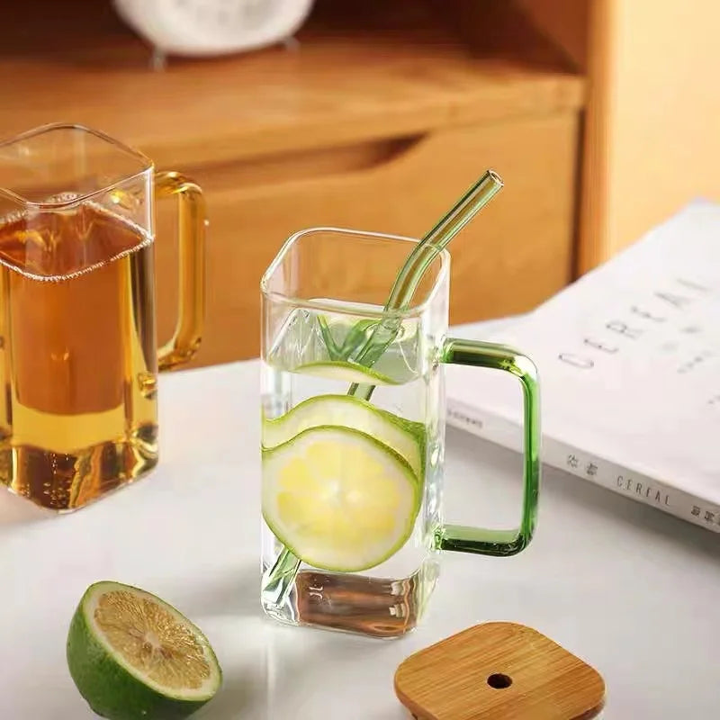 400ml Square Glass Mug with Lid & Straw – Transparent Drinkware