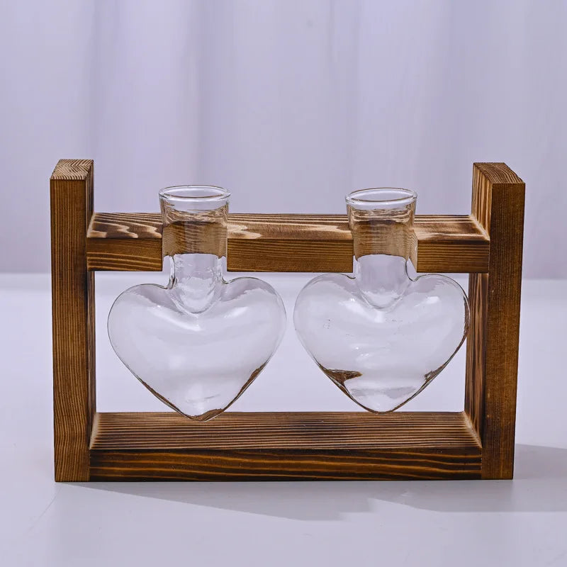 Heart Hydroponic Plant Vases Glass Vase Wooden Frame Terrarium Vase Hydroponics Plants Home Table Decoratio Office DIY Accessory