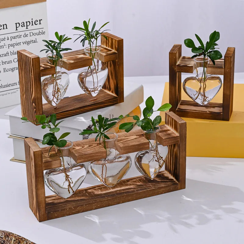 Heart Hydroponic Plant Vases Glass Vase Wooden Frame Terrarium Vase Hydroponics Plants Home Table Decoratio Office DIY Accessory