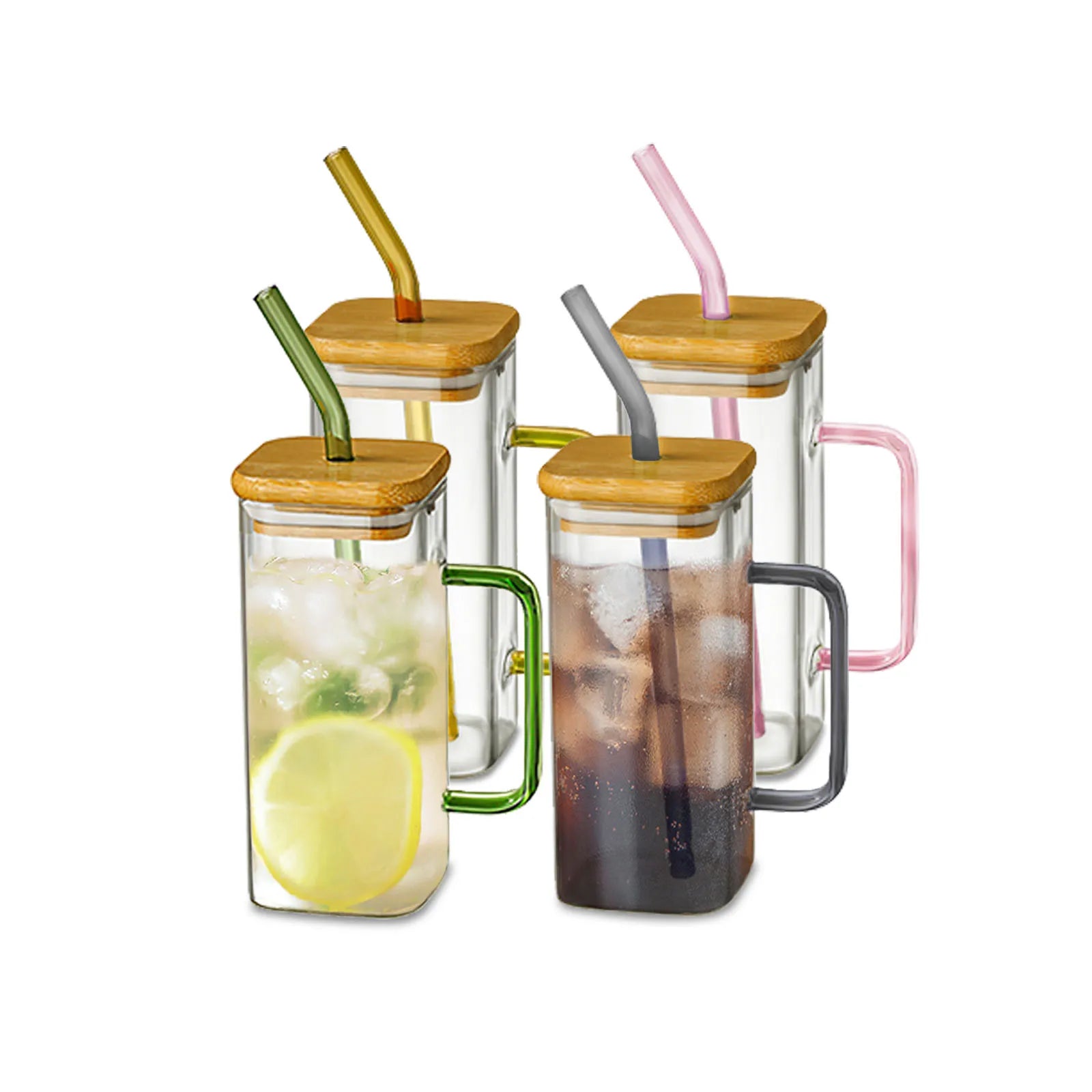 400ml Square Glass Mug with Lid & Straw – Transparent Drinkware