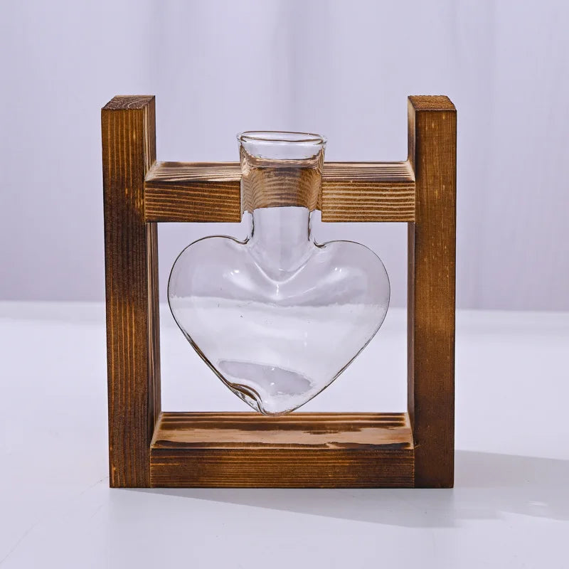 Heart Hydroponic Plant Vases Glass Vase Wooden Frame Terrarium Vase Hydroponics Plants Home Table Decoratio Office DIY Accessory