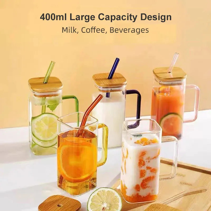 400ml Square Glass Mug with Lid & Straw – Transparent Drinkware