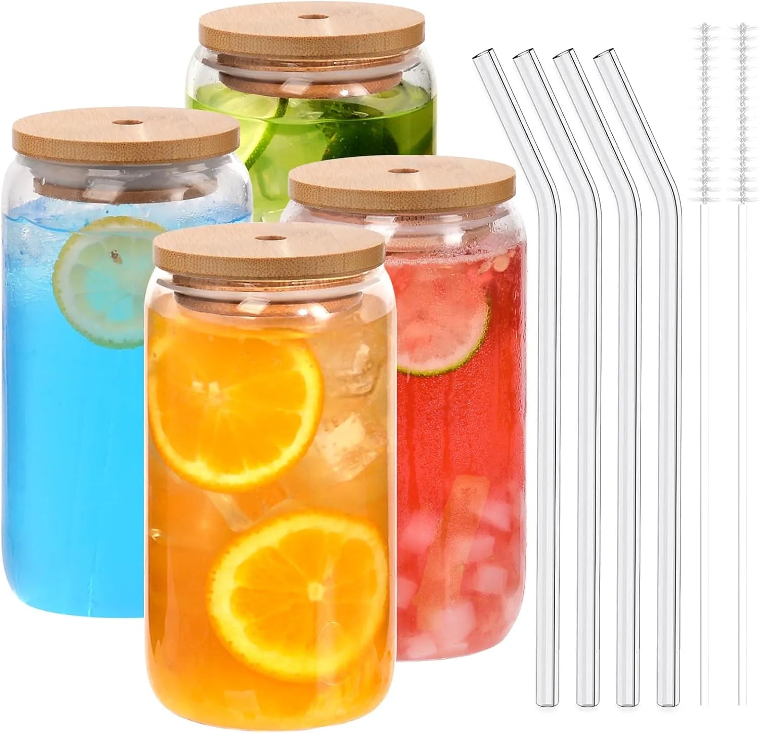 18.6oz 540ML Drinking Glasses Can Shaped Glass Cups with Bamboo Lids and Glass Straws for Beer Iced Coffee Wine Cocktail