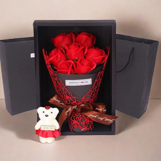 Delight in the 7 Heads Artificial Rose Bouquet with Little Bear Gift Box