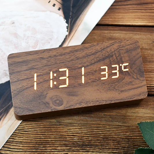 Wooden Square LED Smart Alarm Clocks for Bedrooms, Digital Bedside Clock with Temperature, Voice Control, Desktop Clock