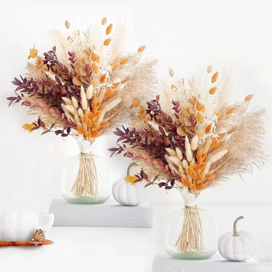 Boho Flowers Orange Pampas Grass Fall Decor Fluffy Dried Flower Bouquet Dry Pompas 17"-95-Pcs Fall Decorations for Home Pompous