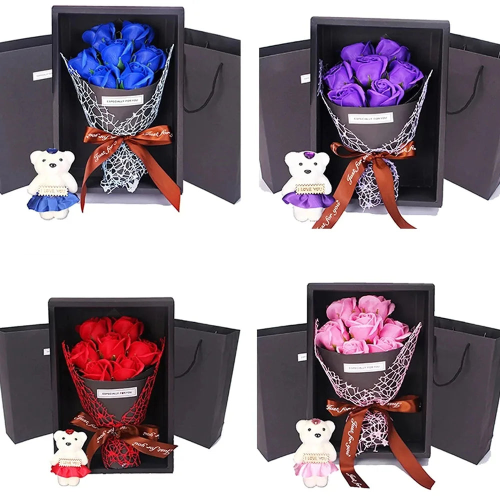 Delight in the 7 Heads Artificial Rose Bouquet with Little Bear Gift Box